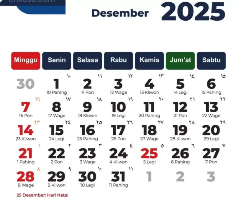 Libur Didepan Mata! Catat Libur Panjang 4 Hari Bulan Desember 2025 Kalender Bulan Desember 2025
